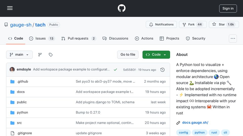 Screenshot of github.com: Show HN: Tach – Visualize and untangle your Python codebase