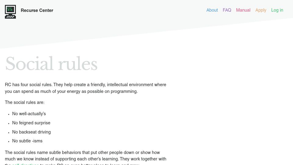 Screenshot of recurse.com: Recurse Center's Social Rules