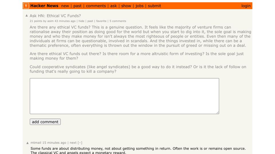 Screenshot of Hacker News post: Ask HN: Ethical VC Funds?