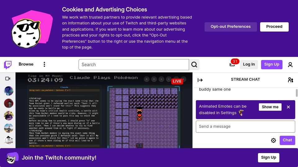 Screenshot of twitch.tv: Claude Plays Pokémon