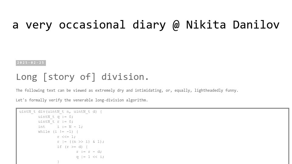 Screenshot of cofault.com: Long division verified via Hoare logic