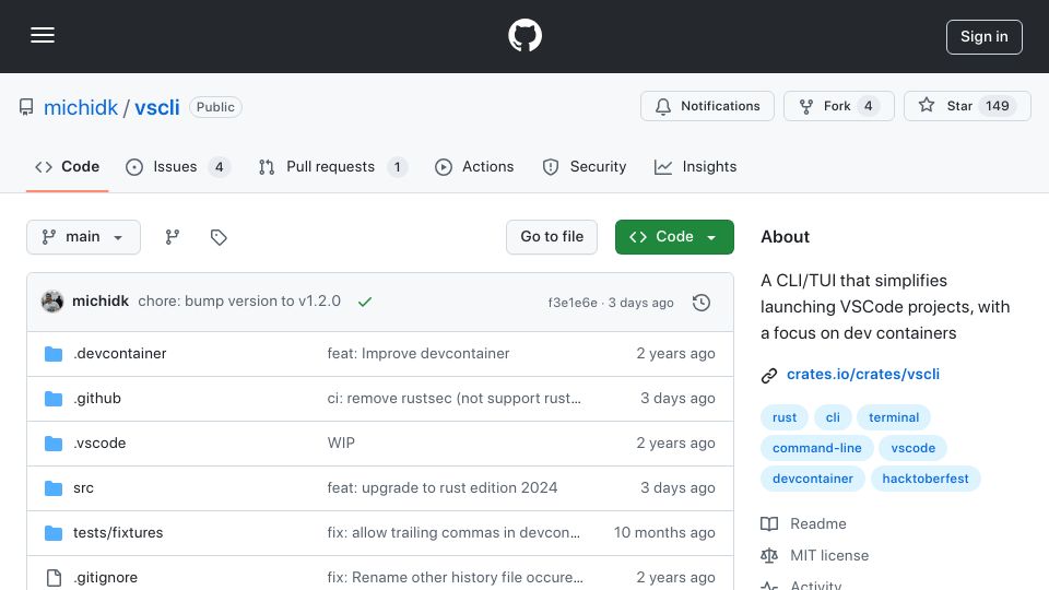 Screenshot of github.com: A CLI to quickly launch VSCode/cursor devcontainers