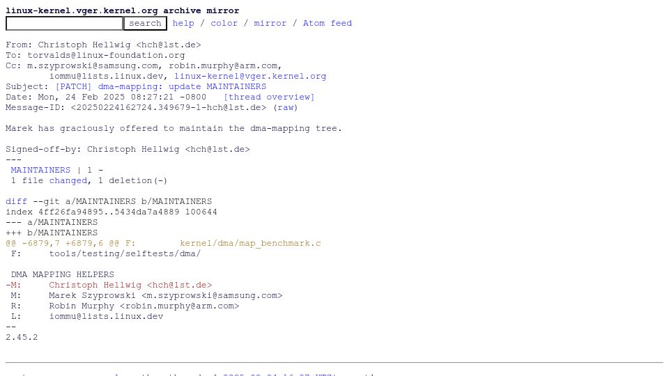 Screenshot of lore.kernel.org: Marek has graciously offered to maintain the dma-mapping tree
