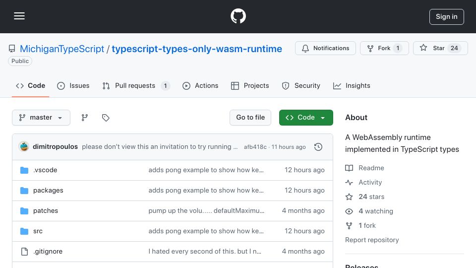 Screenshot of github.com: MichiganTypeScript: A WebAssembly runtime implemented in TypeScript types