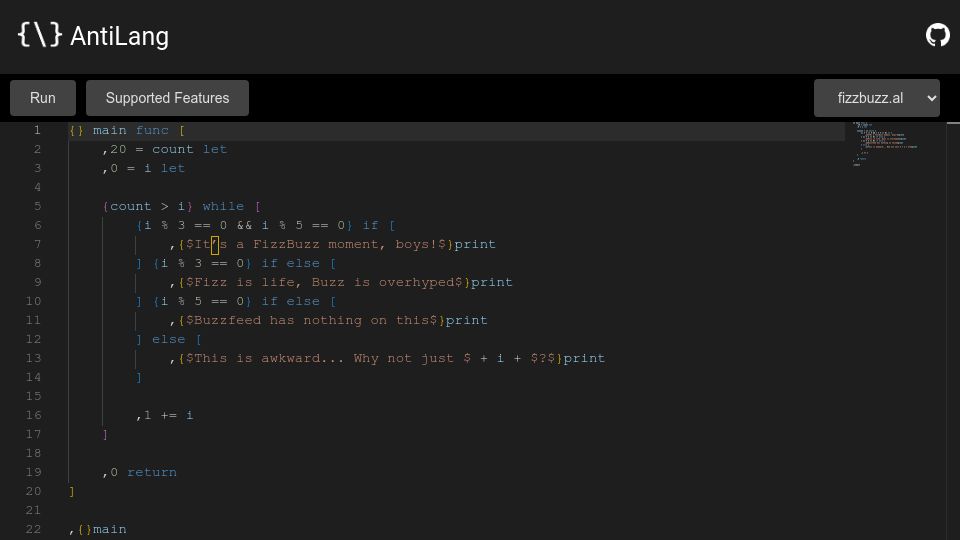 Screenshot of siruscodes.github.io: Show HN: I created a language called AntiLang – breaking all the conventions