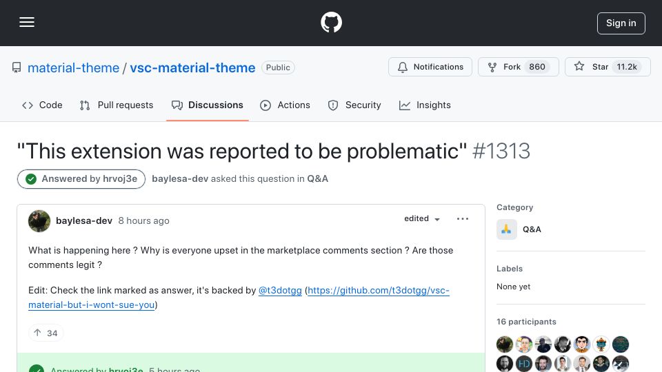 Screenshot of github.com: Material Theme has been pulled from VS Code's marketplace