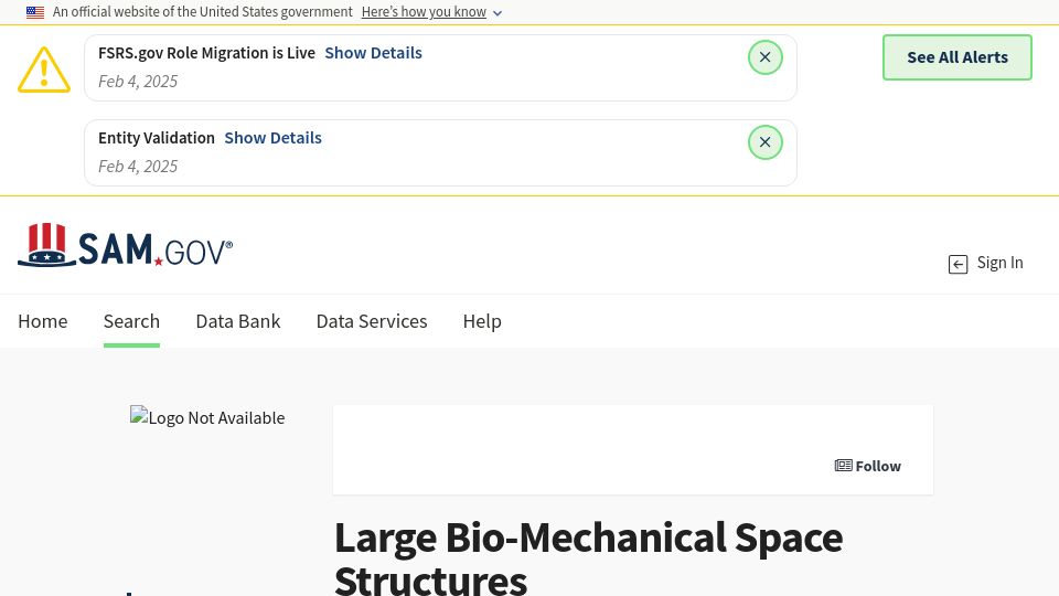 Screenshot of sam.gov: DARPA Large Bio-Mechanical Space Structures