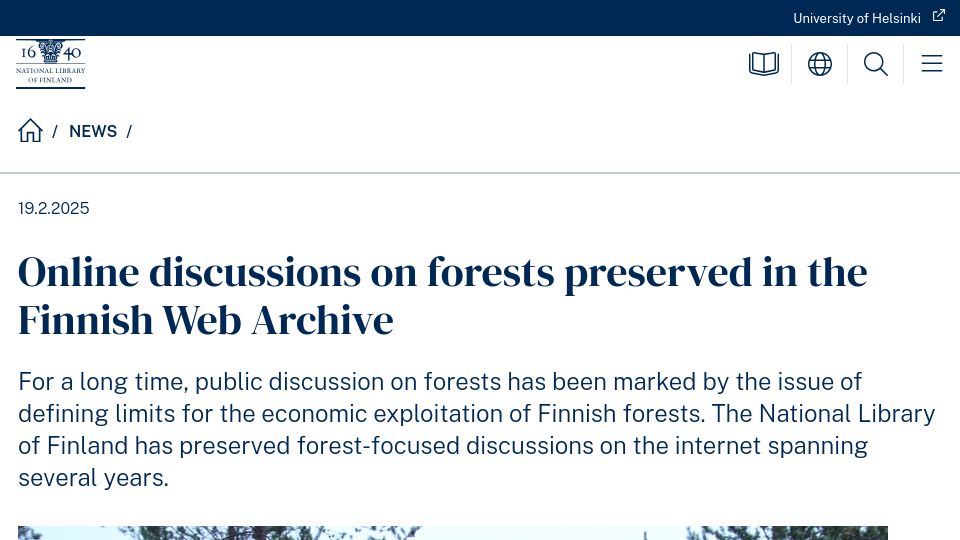 Screenshot of kansalliskirjasto.fi: Online discussions on forests preserved in the Finnish Web Archive