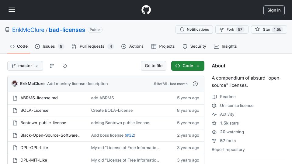 Screenshot of github.com: A compendium of "open-source" licenses