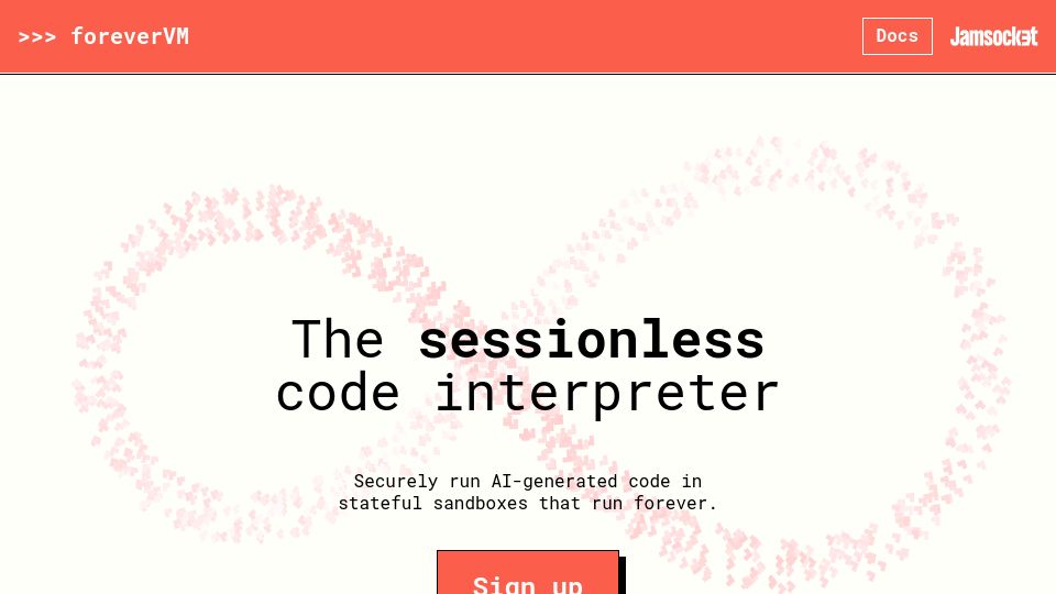 Screenshot of forevervm.com: ForeverVM: Run AI-generated code in stateful sandboxes that run forever