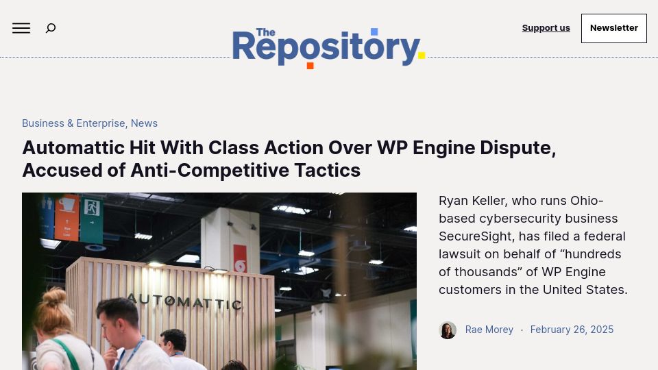 Screenshot of therepository.email: Automattic Hit with Class Action over WP Engine Dispute