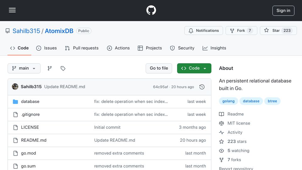 Screenshot of github.com: Show HN: A Database Written in Golang