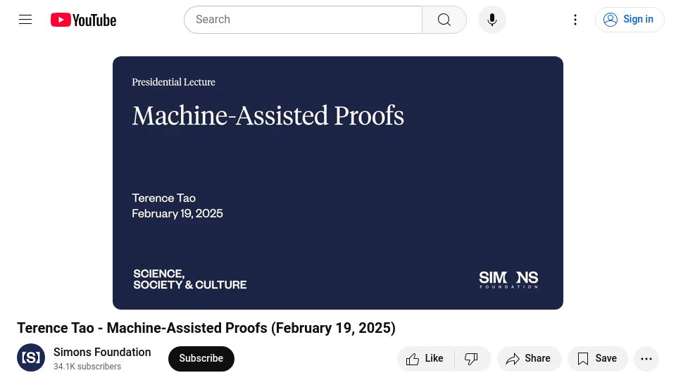 Screenshot of youtube.com: Terence Tao – Machine-Assisted Proofs [video]