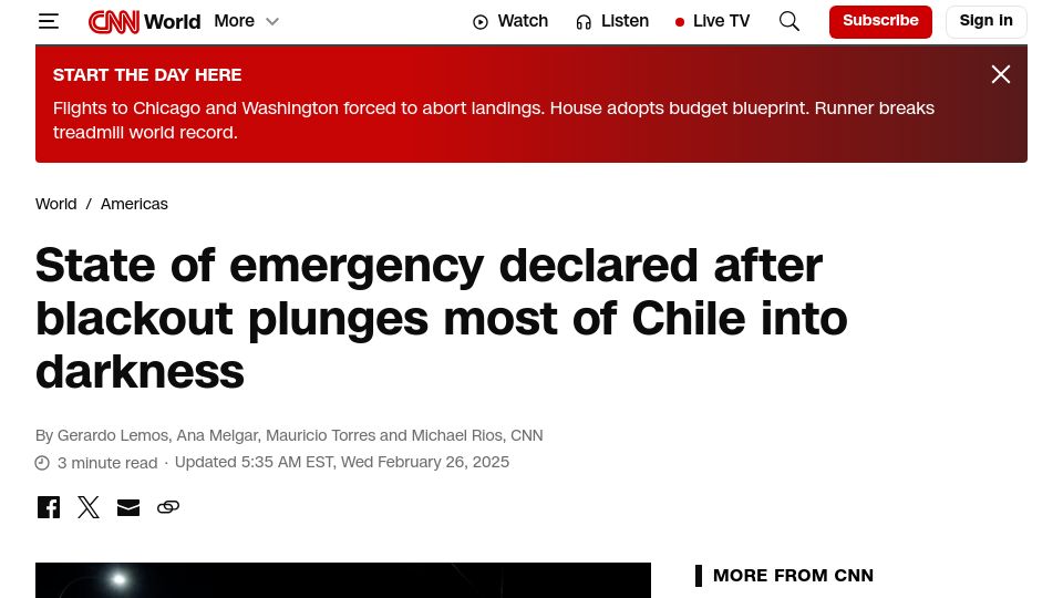 Screenshot of cnn.com: State of emergency declared after blackout plunges most of Chile into darkness