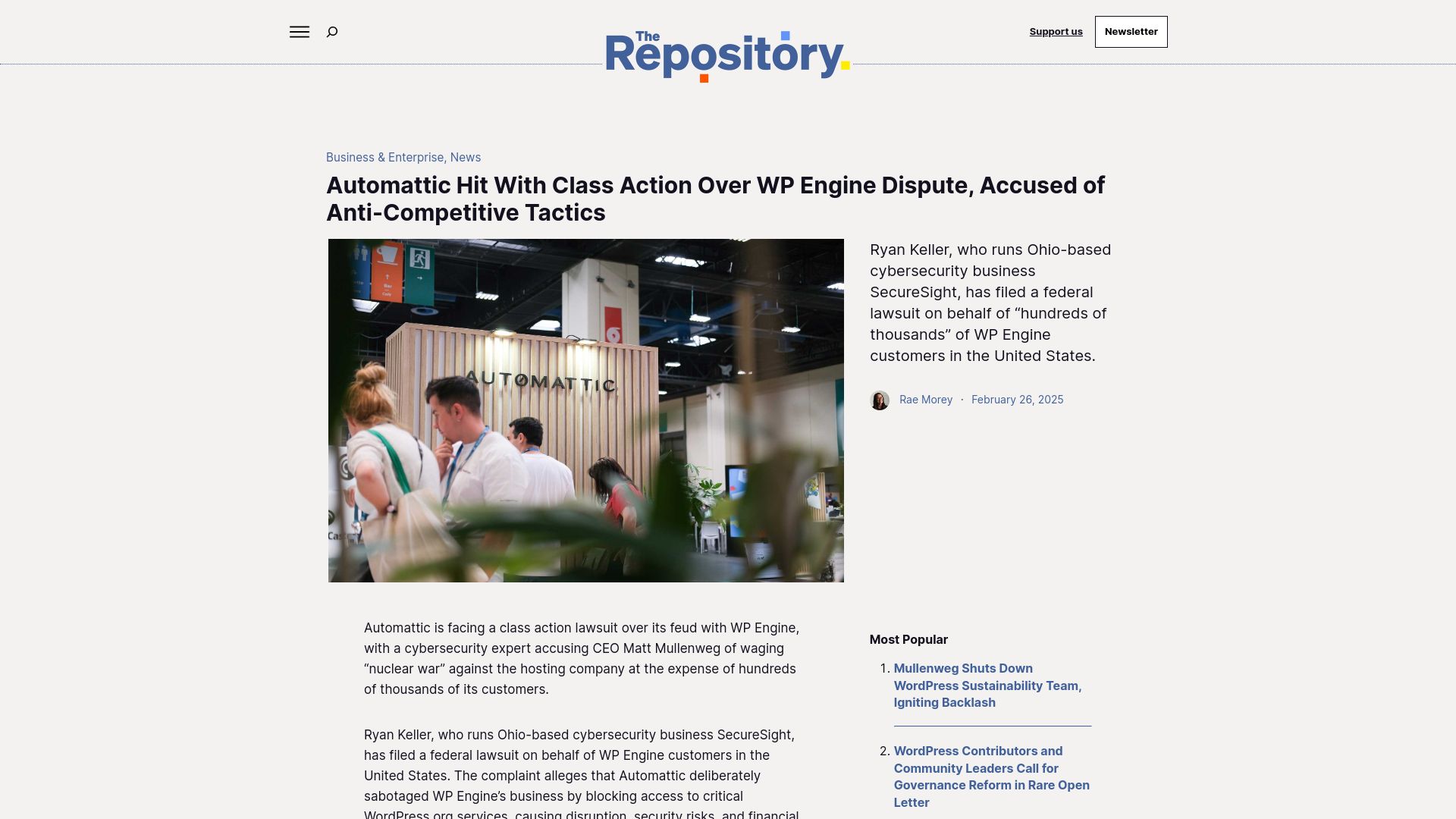 Screenshot of therepository.email: Automattic Hit with Class Action over WP Engine Dispute