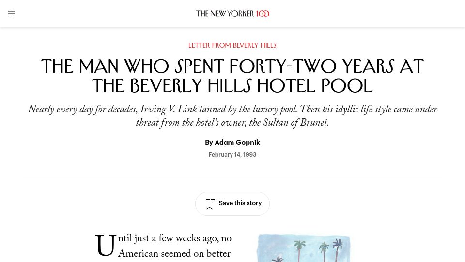 Screenshot of newyorker.com: The man who spent forty-two years at the Beverly Hills Hotel pool (1993)