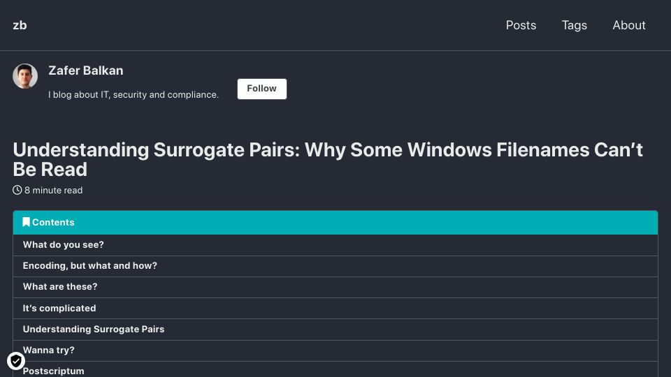 Screenshot of zaferbalkan.com: Understanding Surrogate Pairs: Why Some Windows Filenames Can't Be Read