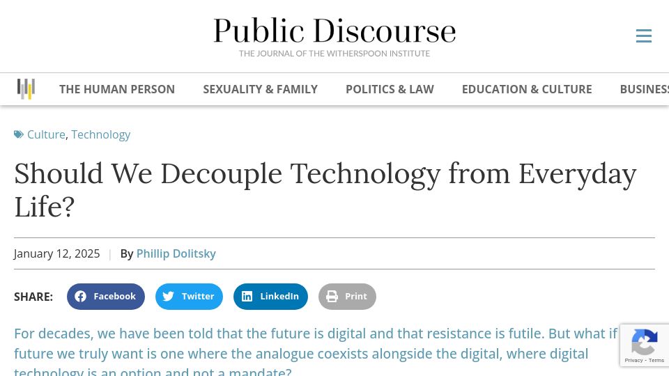Screenshot of thepublicdiscourse.com: Should We Decouple Technology from Everyday Life?
