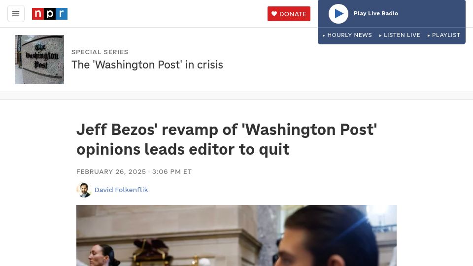 Screenshot of npr.org: Jeff Bezos' revamp of 'Washington Post' opinions leads editor to quit