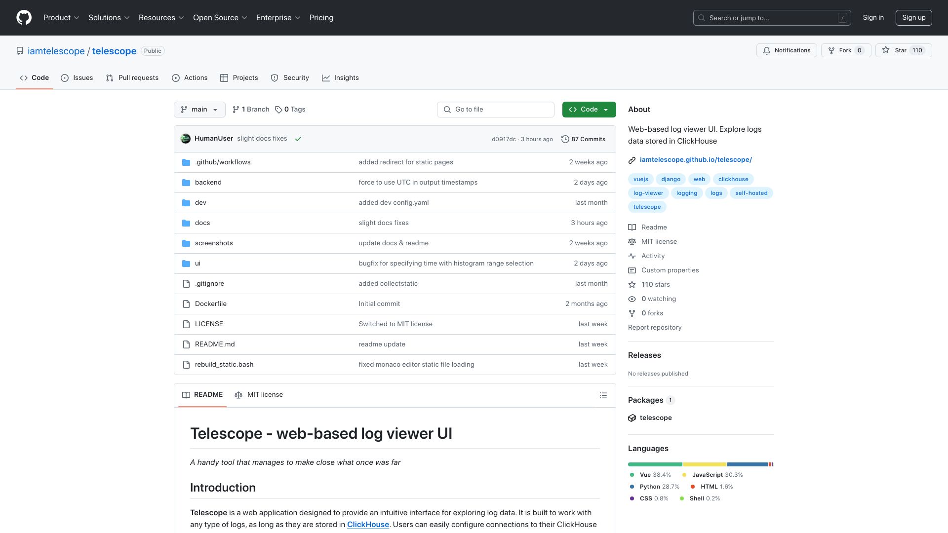 Screenshot of github.com: Telescope – an open-source web-based log viewer for logs stored in ClickHouse