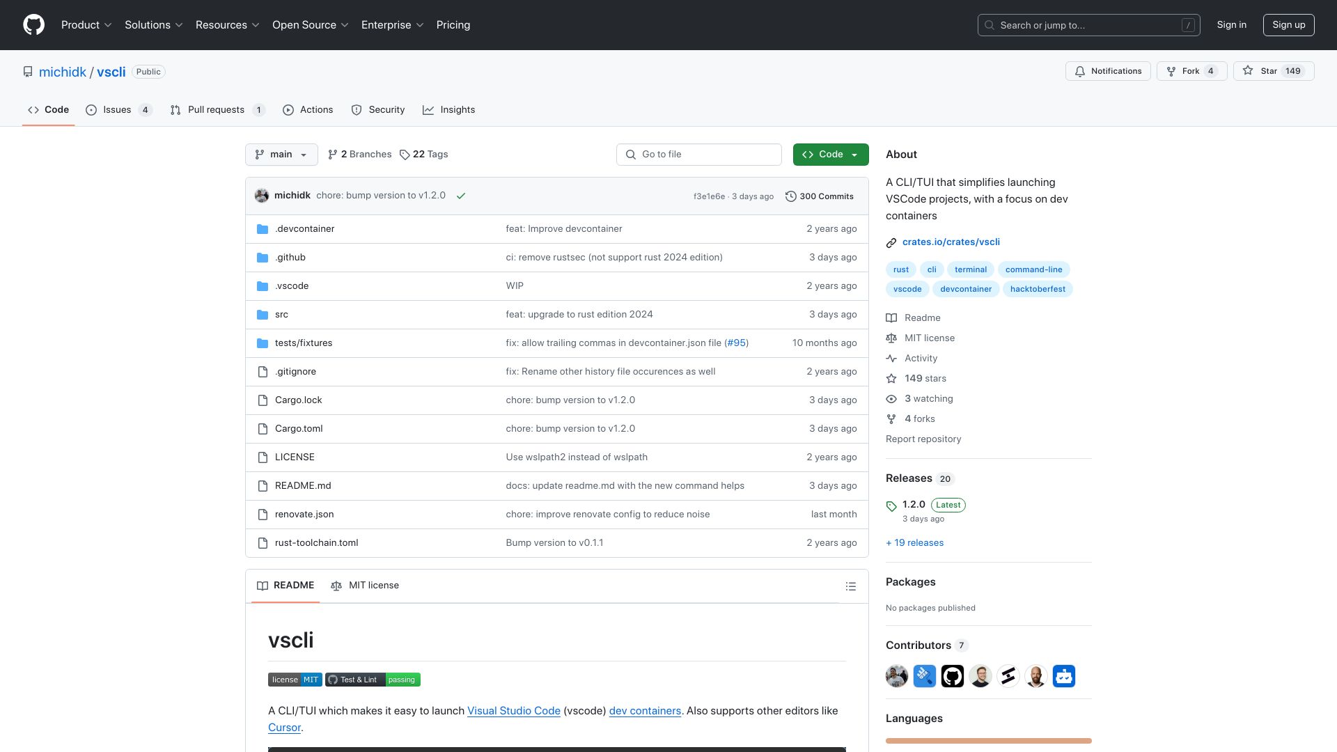 Screenshot of github.com: A CLI to quickly launch VSCode/cursor devcontainers
