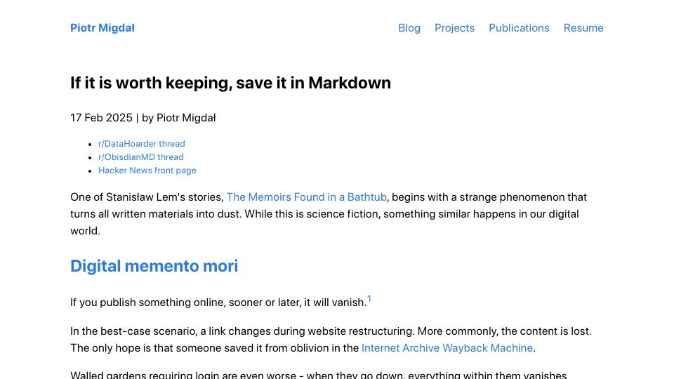 Screenshot of p.migdal.pl: If it is worth keeping, save it in Markdown
