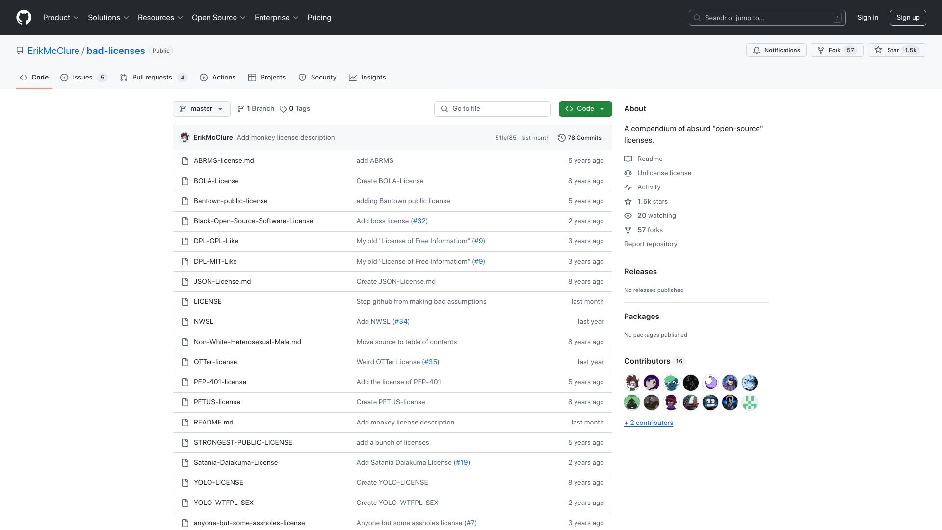 Screenshot of github.com: A compendium of "open-source" licenses