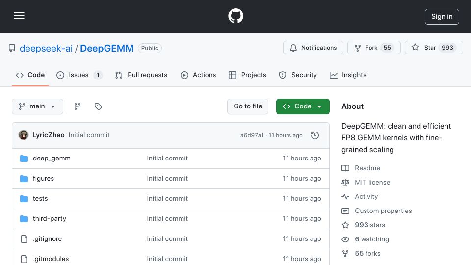 Screenshot of github.com: DeepGEMM: clean and efficient FP8 GEMM kernels with fine-grained scaling
