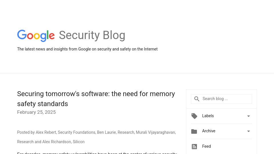 Screenshot of security.googleblog.com: The need for memory safety standards