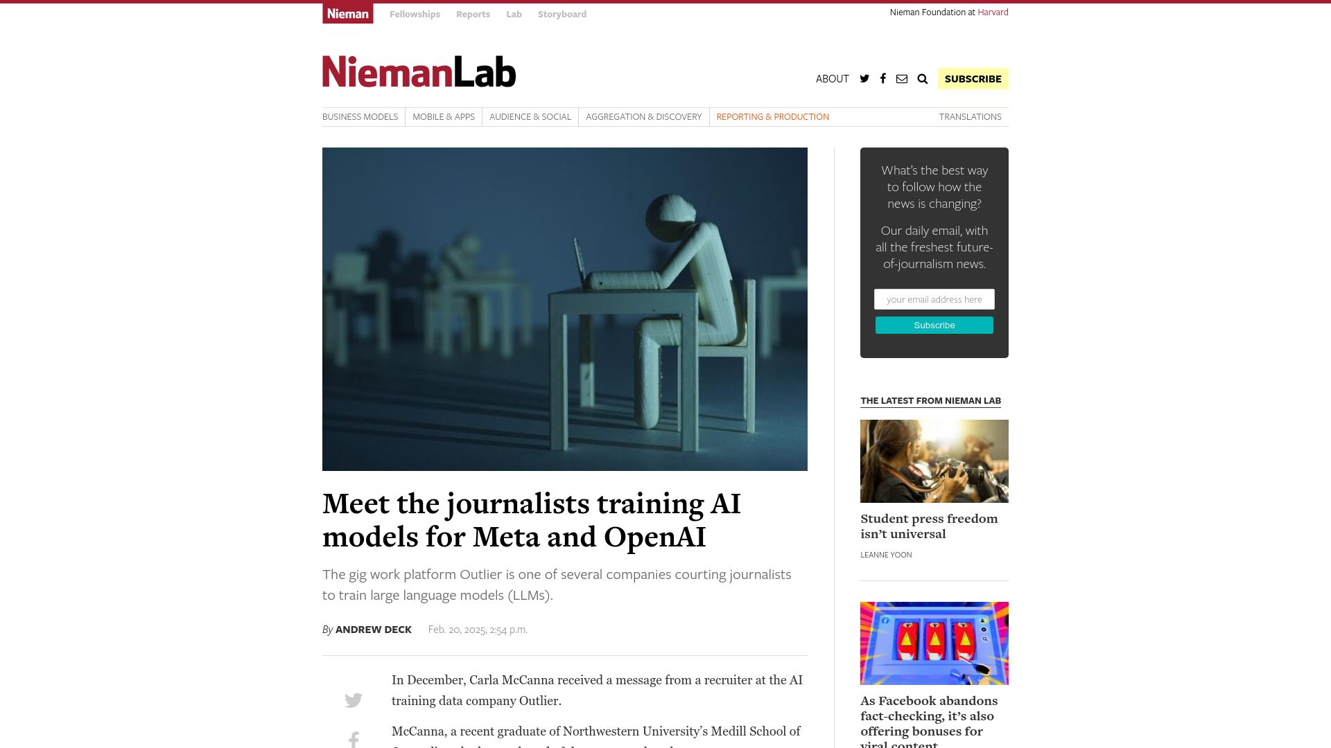 Screenshot of niemanlab.org: The journalists training AI models for Meta and OpenAI