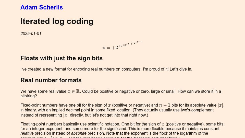 Screenshot of adamscherlis.github.io: Iterated Log Coding