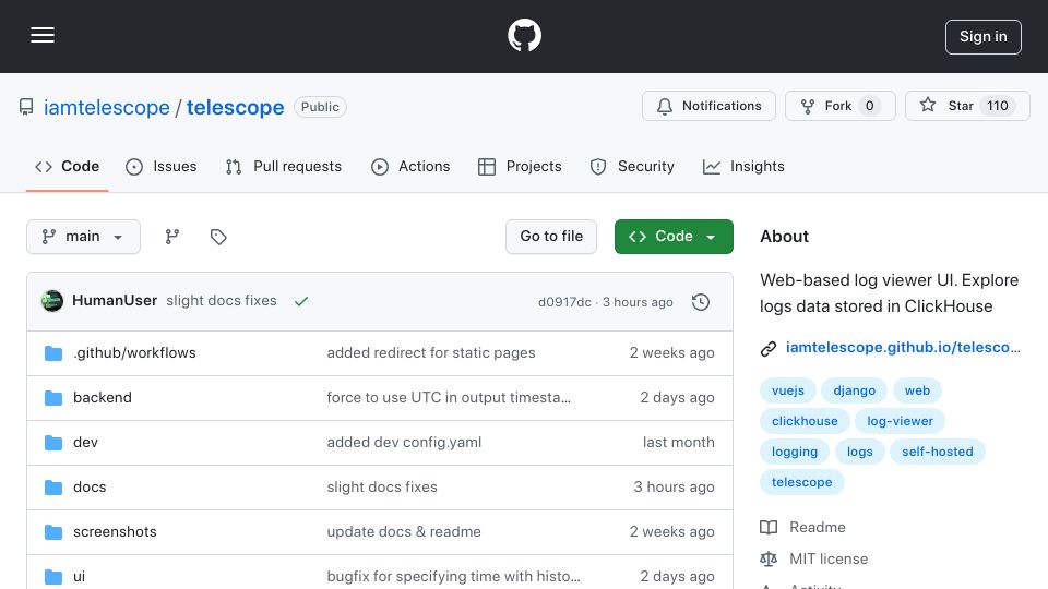 Screenshot of github.com: Telescope – an open-source web-based log viewer for logs stored in ClickHouse