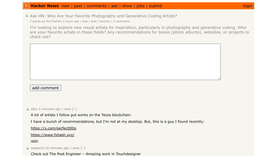 Screenshot of Hacker News post: Ask HN: Who Are Your Favorite Photography and Generative Coding Artists?