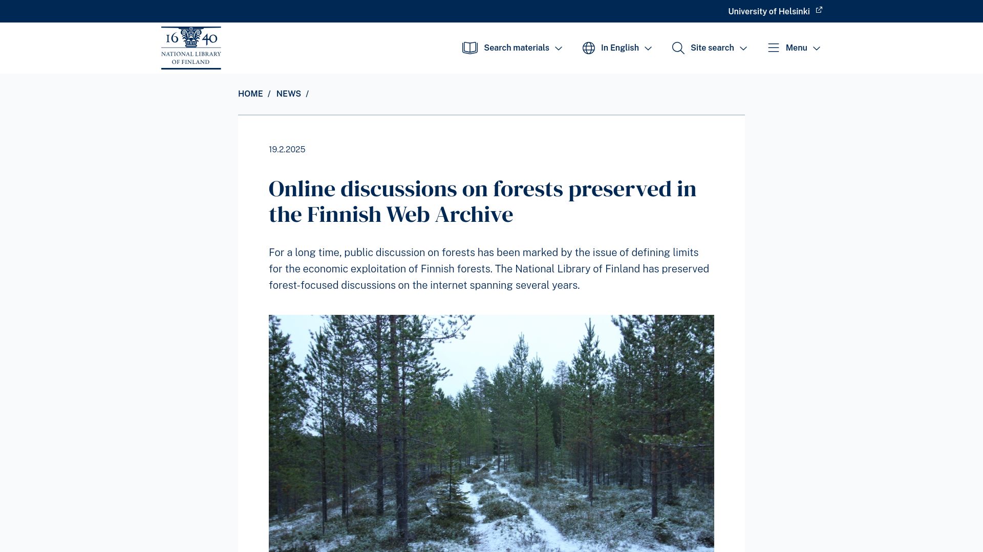 Screenshot of kansalliskirjasto.fi: Online discussions on forests preserved in the Finnish Web Archive