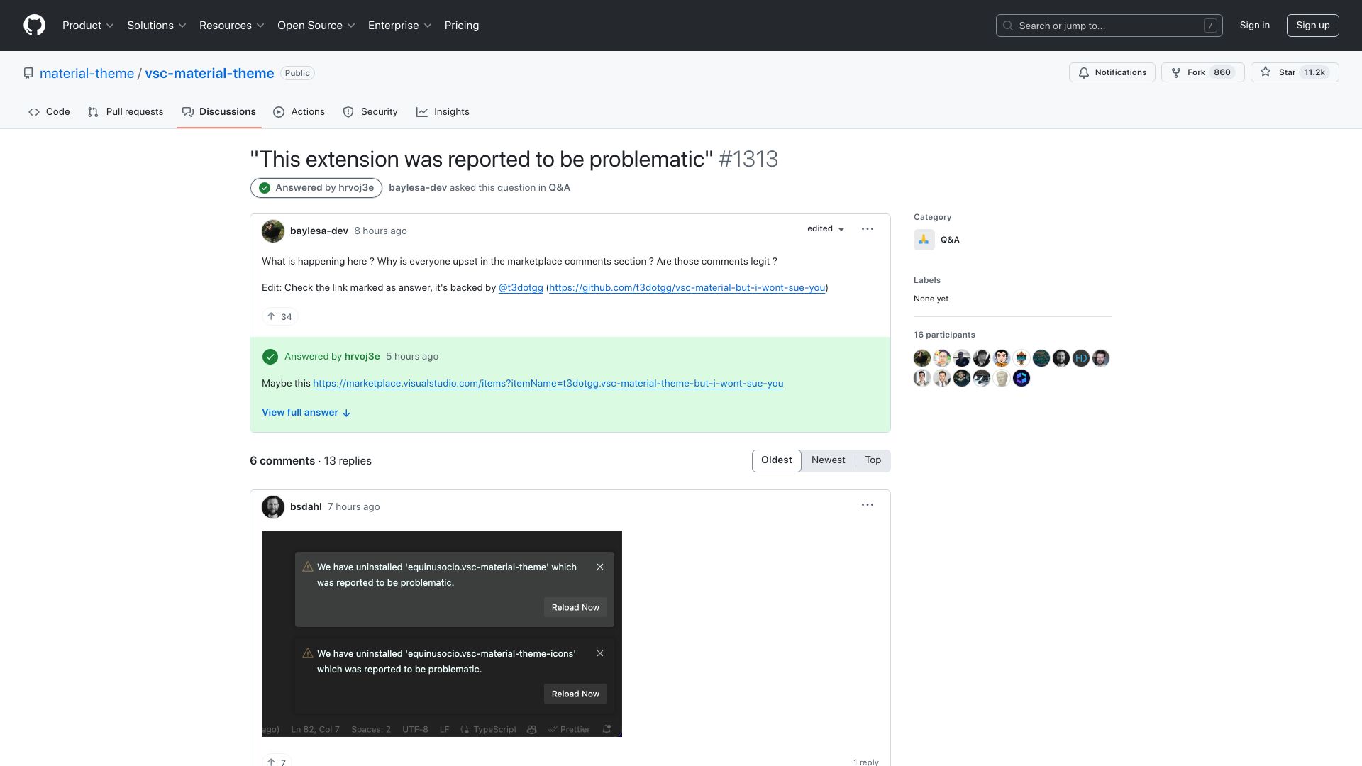 Screenshot of github.com: Material Theme has been pulled from VS Code's marketplace