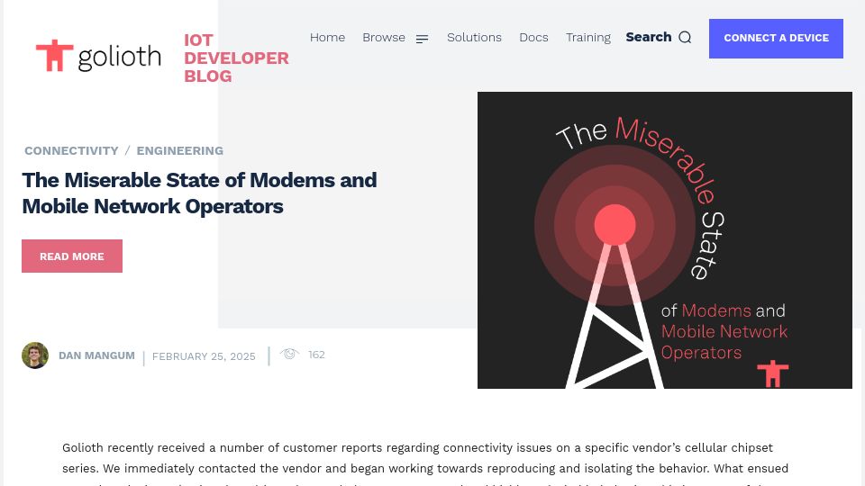 Screenshot of blog.golioth.io: The Miserable State of Modems and Mobile Network Operators