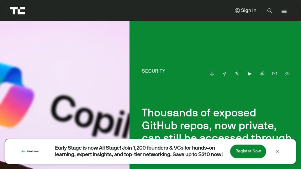 Screenshot of techcrunch.com: Exposed GitHub repos, now private, can be accessed through Copilot