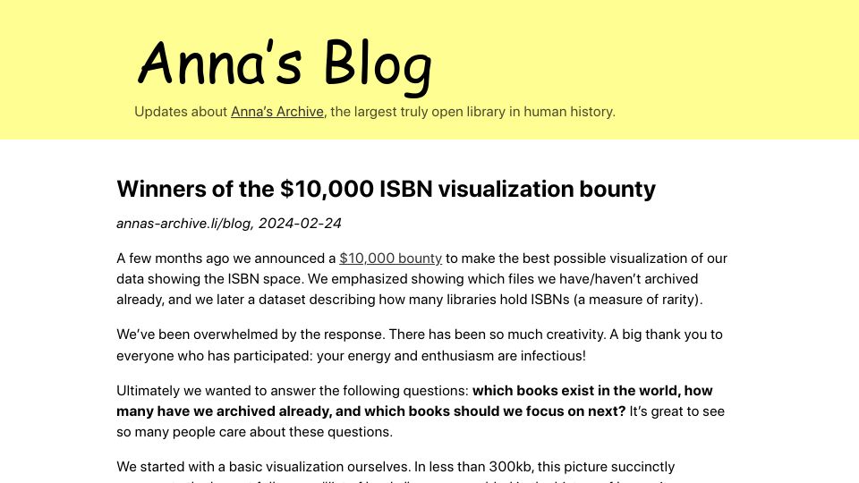 Screenshot of annas-archive.org: Winners of the $10k ISBN visualization bounty