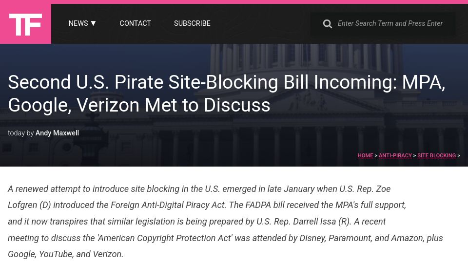 Screenshot of torrentfreak.com: Second US Site Blocking Bill Introduced