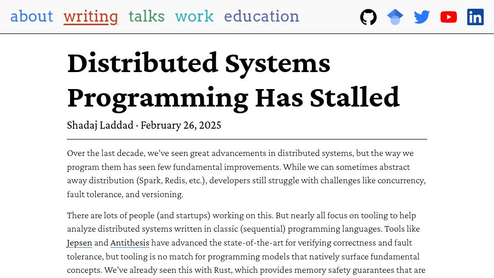 Screenshot of shadaj.me: Distributed systems programming has stalled