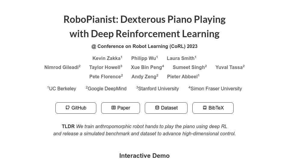 Screenshot of kzakka.com: RoboPianist: Dexterous Piano Playing with Deep Reinforcement Learning (2023)