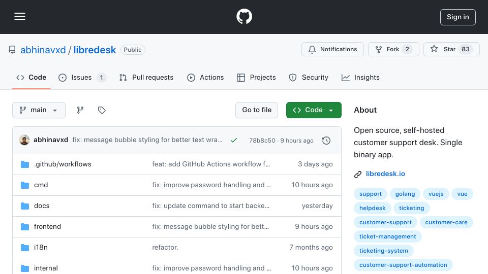 Screenshot of github.com: Show HN: Libredesk – Open-source customer support desk. Single binary app