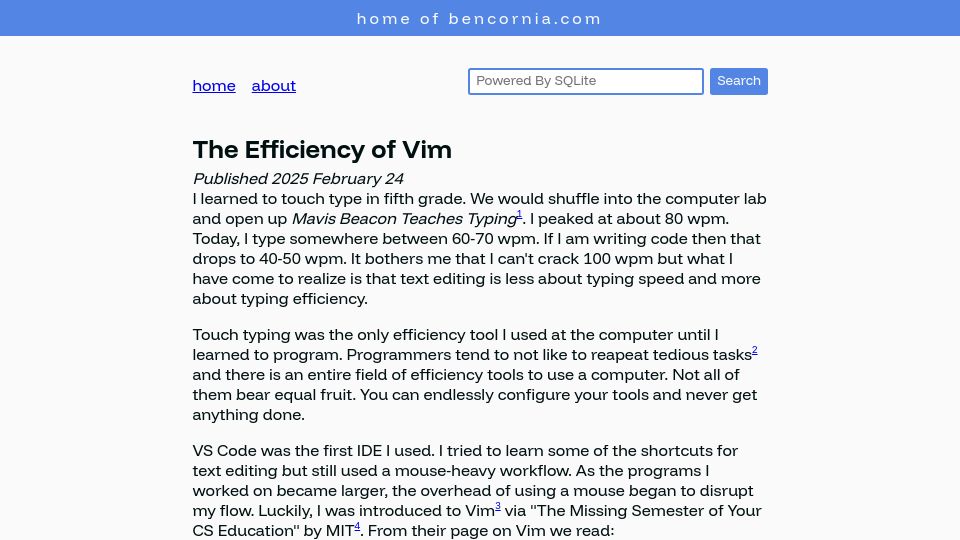 Screenshot of bencornia.com: The Efficiency of Vim