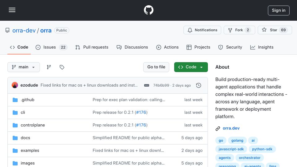 Screenshot of github.com: Show HN: Orra – The missing glue layer for production-ready multi-agent apps