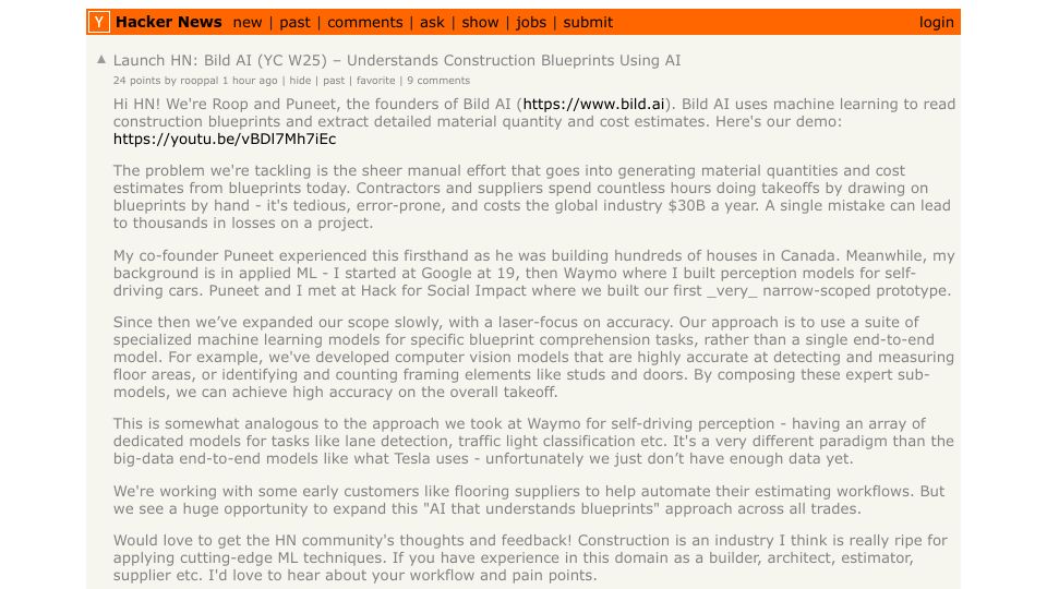 Screenshot of Hacker News post: Launch HN: Bild AI (YC W25) – Understand Construction Blueprints Using AI