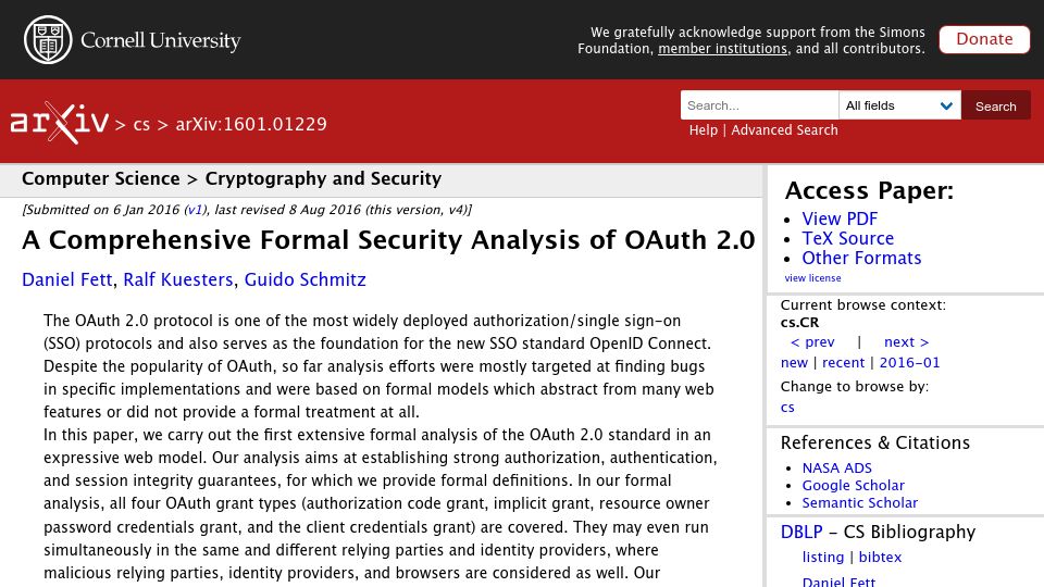 Screenshot of arxiv.org: A Comprehensive Formal Security Analysis of OAuth 2.0