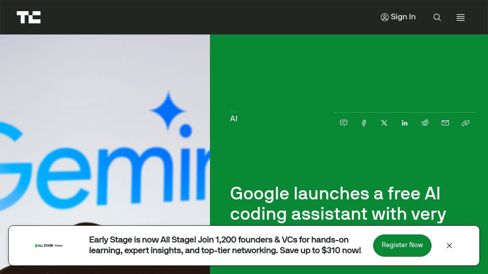 Screenshot of techcrunch.com: Google gifts a Free AI Coding Assistant to the developer community