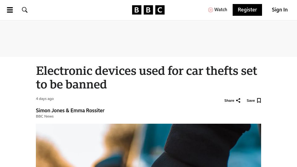 Screenshot of bbc.co.uk: Electronic devices used for car thefts set to be banned