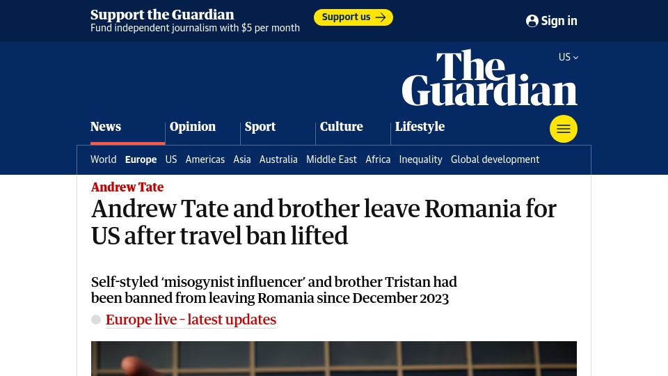 Screenshot of theguardian.com: Andrew Tate and brother leave Romania for US after travel ban lifted