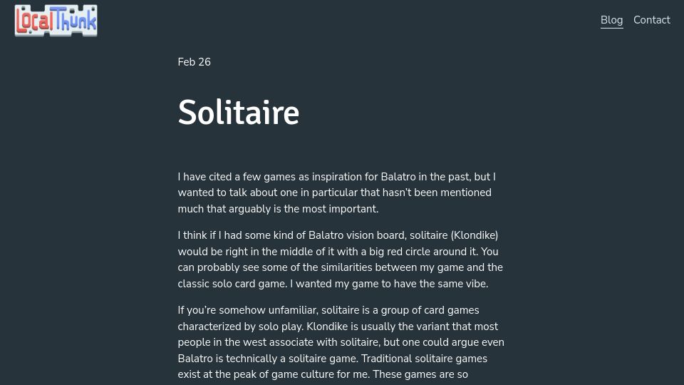 Screenshot of localthunk.com: Solitaire